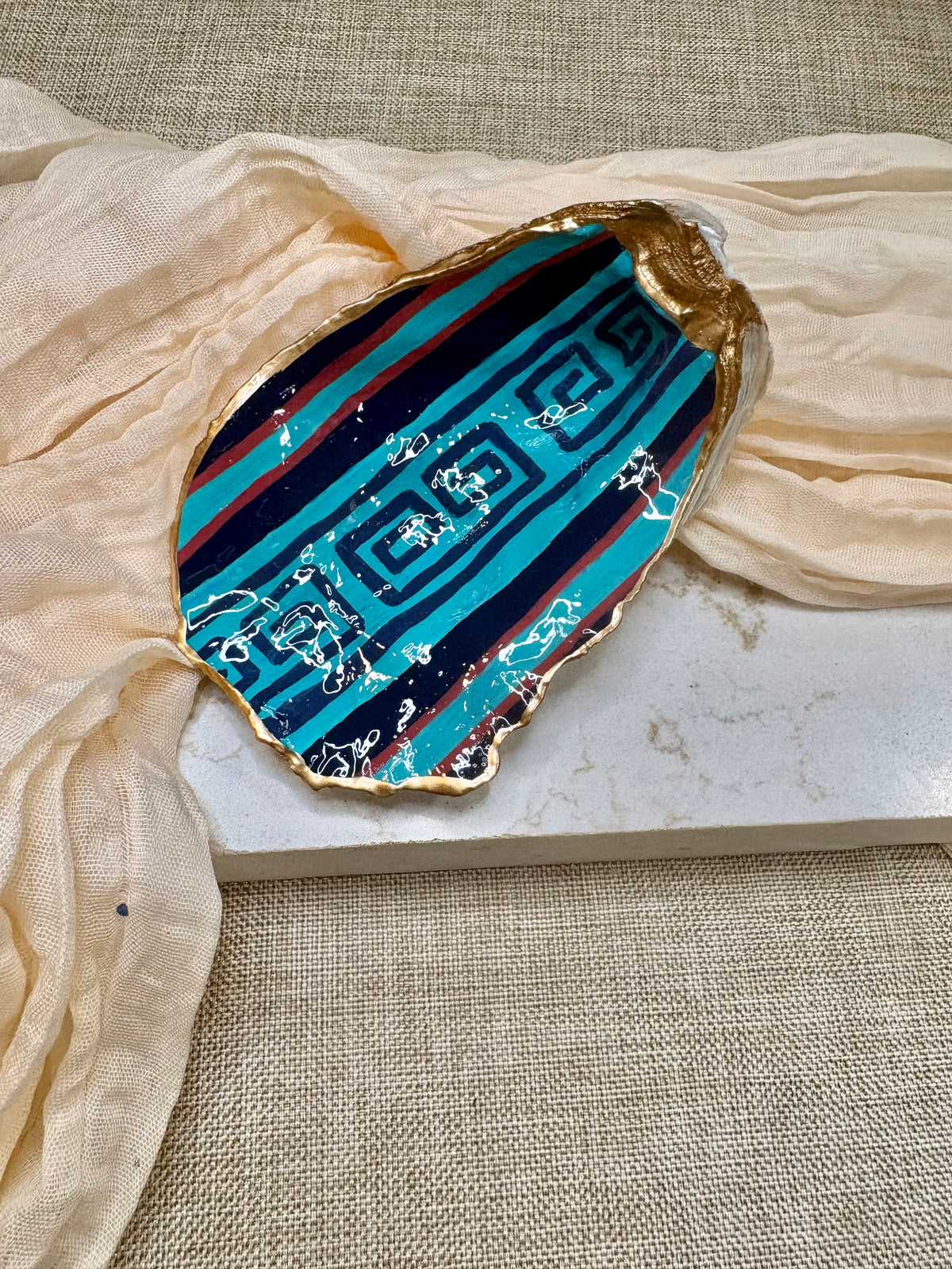 Greek Key Turquoise | Oyster Shell Dice Dish