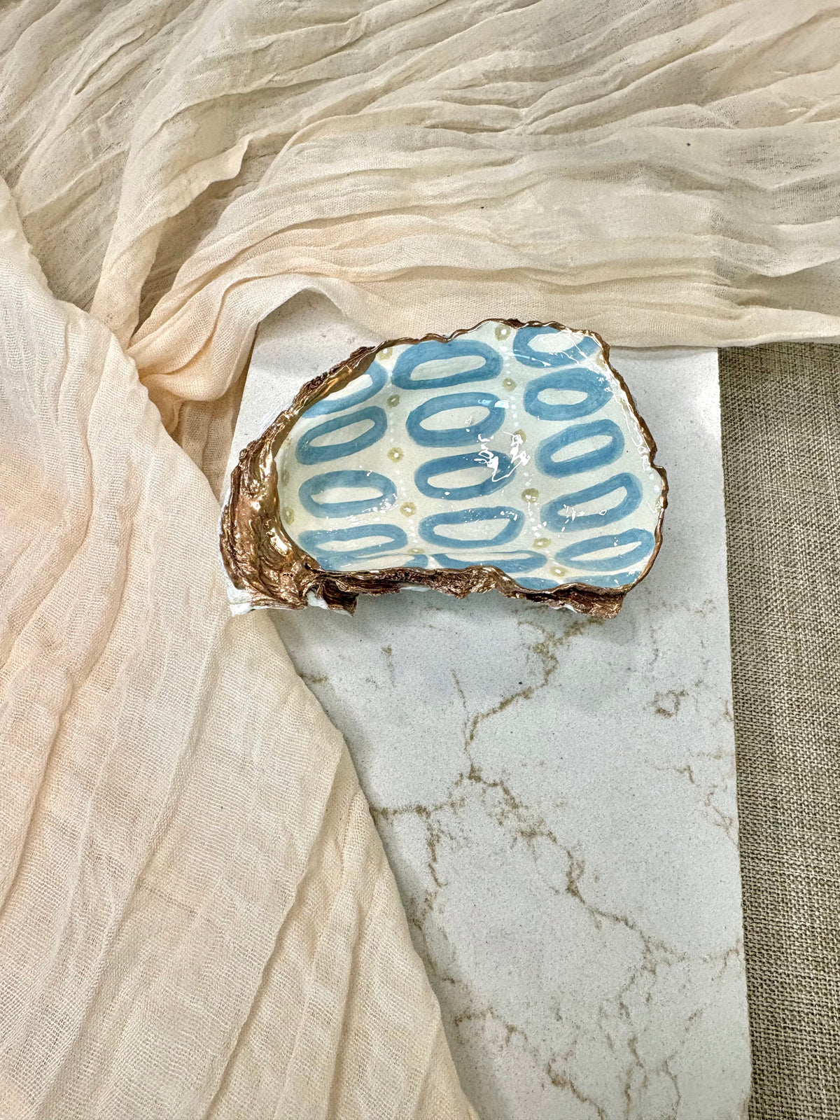 Coastal Circles Ivory & Blue | Oyster Shell Dice & Trinket Dish