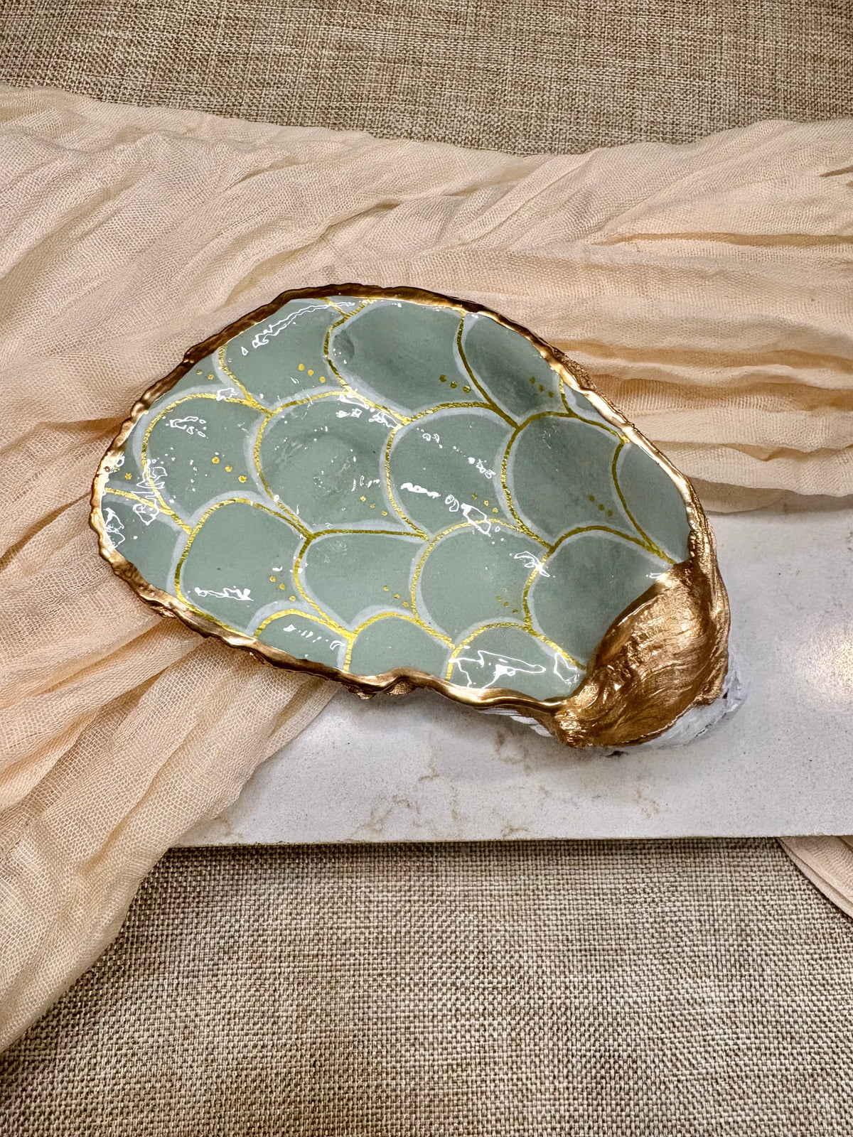 Scallop Sage & Gold | Oyster Shell Dice Dish