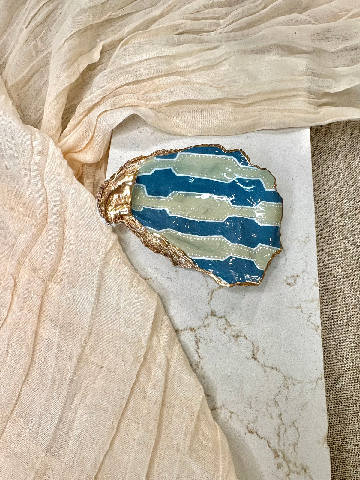 Bamboo Stripe Dark Blue | Oyster Shell Dice & Trinket Dish